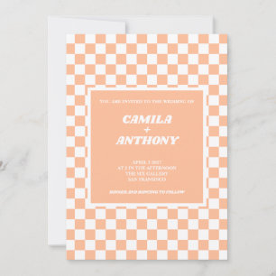 Invitación Boda del patrón de Gingham de Peach Fuzz White Che