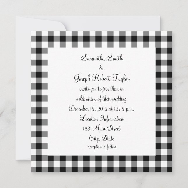 Invitación Boda del patrón de Gingham en blanco y negro (Anverso)