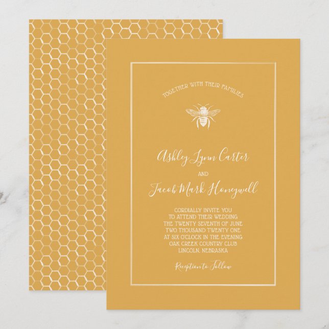 Invitación Boda del patrón de Honeycomb dorado (Anverso / Reverso)