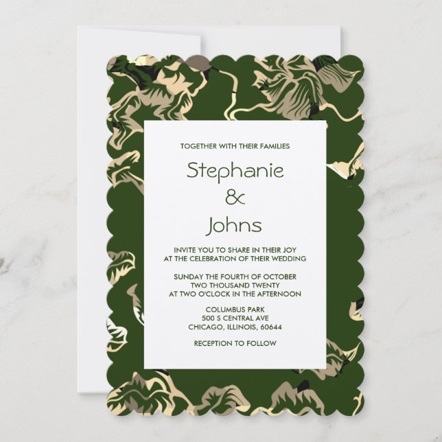 Invitación Boda del patrón de Kraft de hojas verdes oscuras (Anverso)