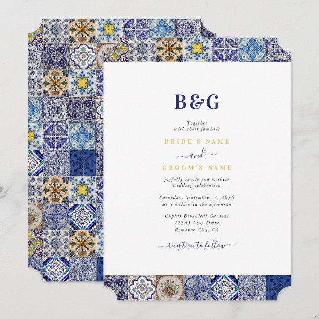 Invitación Boda del patrón de mosaicos portugués mediterráneo (Anverso / Reverso)