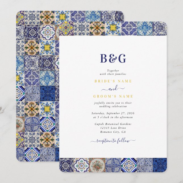 Invitación Boda del patrón de mosaicos portugués mediterráneo (Anverso / Reverso)