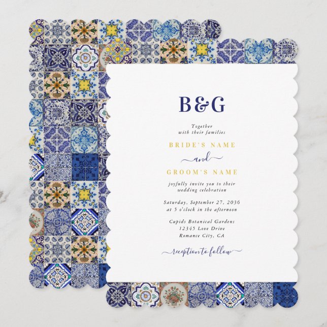 Invitación Boda del patrón de mosaicos portugués mediterráneo (Anverso / Reverso)