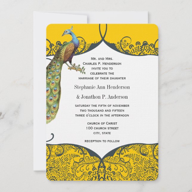 Invitación Boda del patrón de pájaro de amor para pavo real y (Anverso)