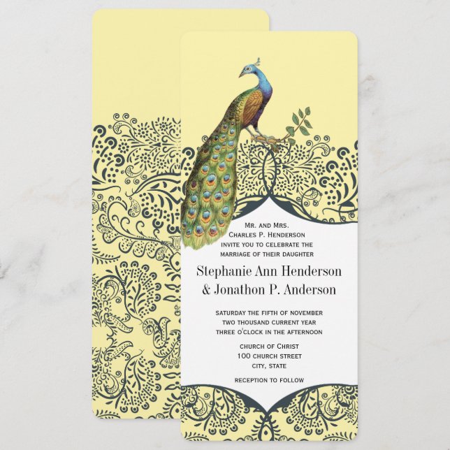 Invitación Boda del patrón de pájaro de amor para pavo real y (Anverso / Reverso)