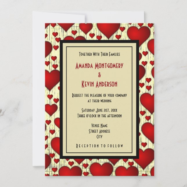 Invitación Boda del patrón del corazón romántico rojo brillan (Anverso)