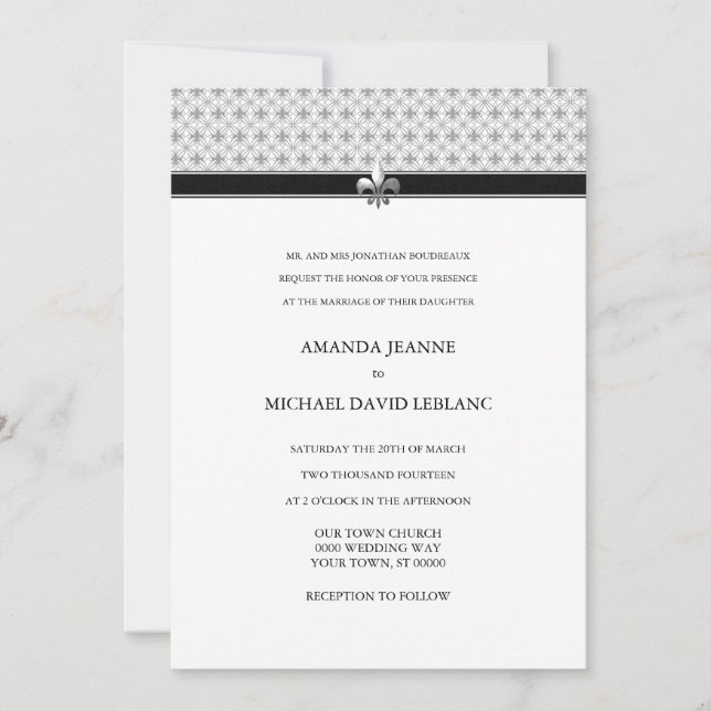 Invitación Boda del patrón Flor gris blanco negro de Lis (Anverso)