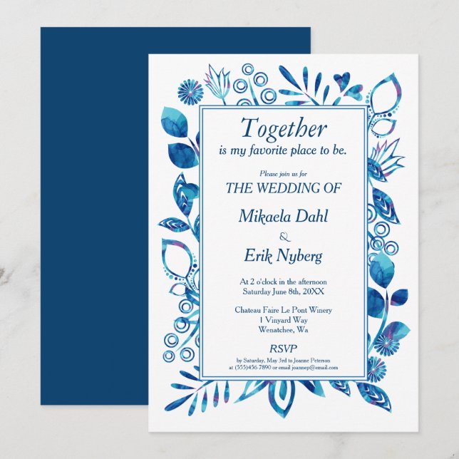 Invitación Boda del patrón floral azul escandinavo (Anverso / Reverso)