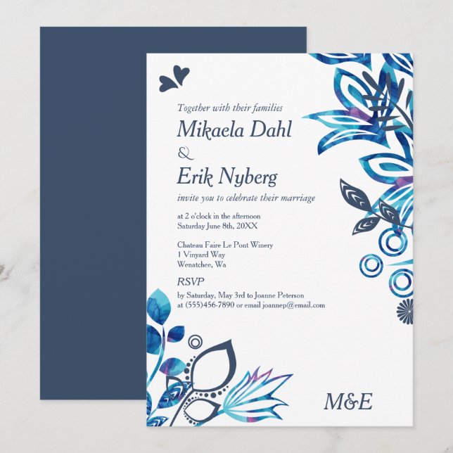 Invitación Boda del patrón floral azul escandinavo (Anverso / Reverso)