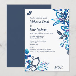 Invitación Boda del patrón floral azul escandinavo