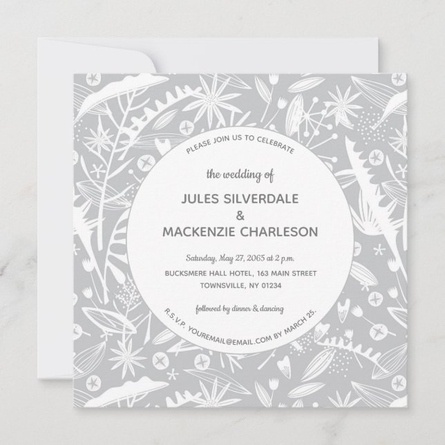 Invitación Boda del patrón gris plateado botánico (Anverso)