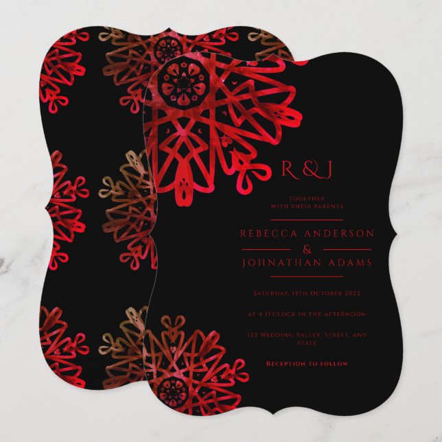 Invitación Boda del patrón ornamental rojo cálido romántico (Anverso / Reverso)