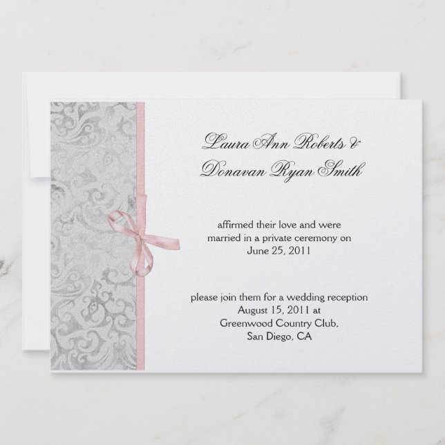 Invitación Boda del Post Gray White Damask Pink (Anverso)