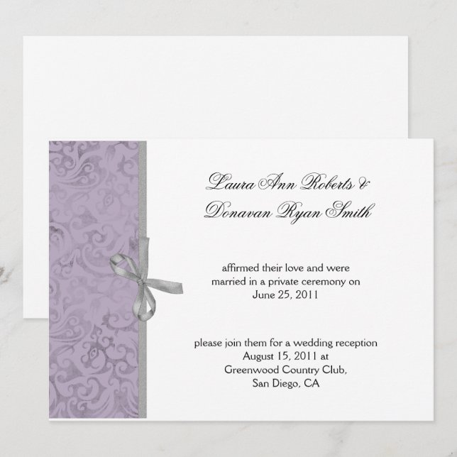 Invitación Boda del Post Light Purple Gray White Damask (Anverso / Reverso)