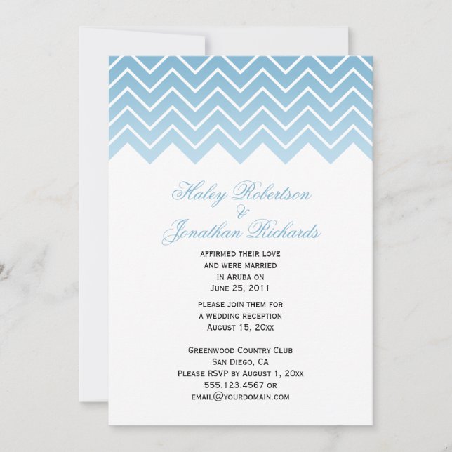 Invitación Boda del Post Modern Dusk Blue Ombre Chevron Zigza (Anverso)