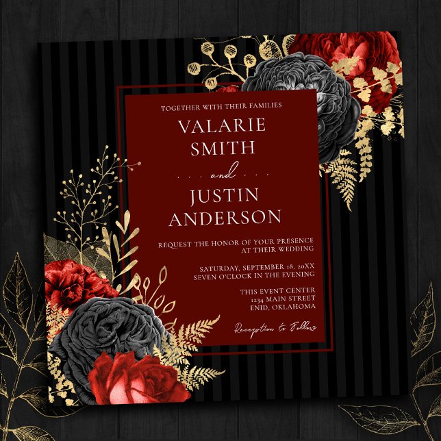 Invitación Boda del presupuesto floral gótico rojo y negro (Subido por el creador)