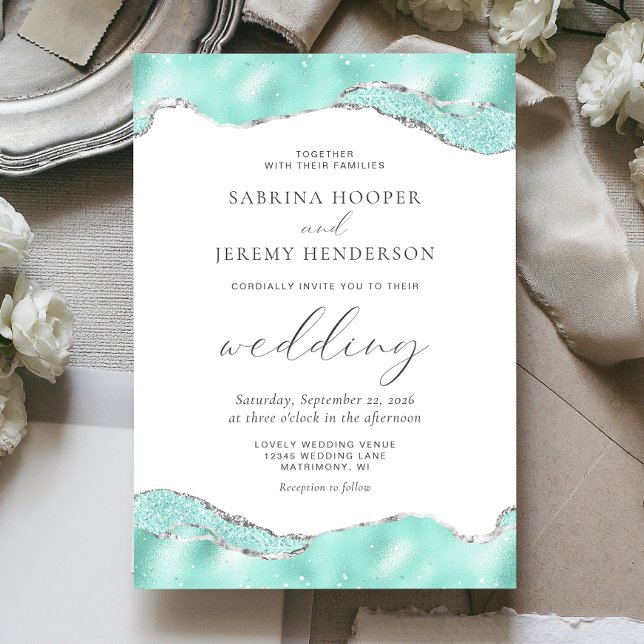 Invitación Boda del Purpurina Aqua White Relieve metalizado p (Subido por el creador)