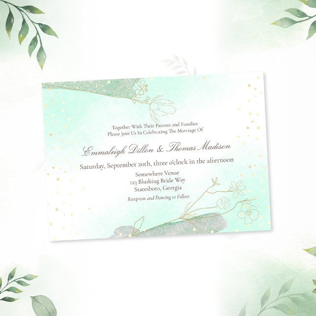 Invitación Boda del Purpurina de follaje verde de la menta ra (Subido por el creador)