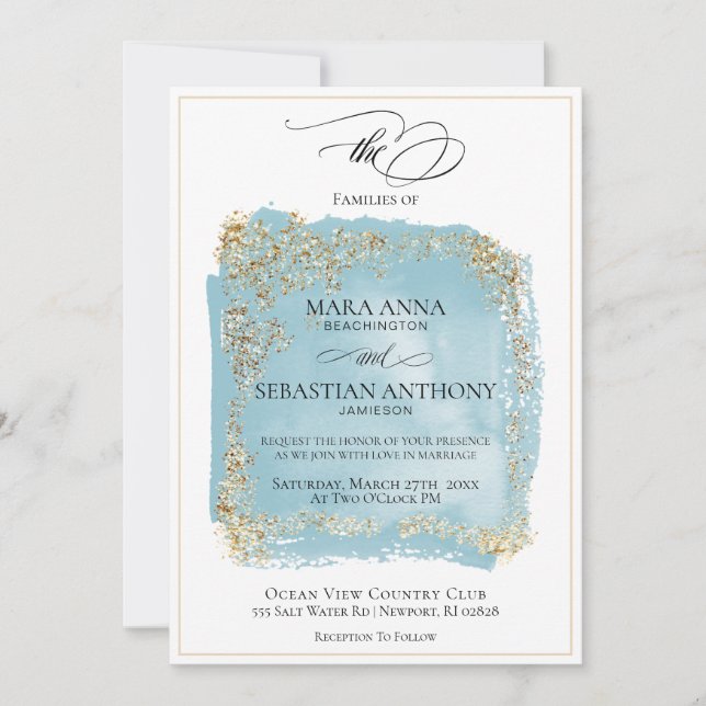 Invitación *~* Boda del Purpurina de oro del Resumen Azul ant (Anverso)
