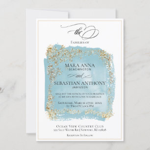 Invitación *~* Boda del Purpurina de oro del Resumen Azul ant