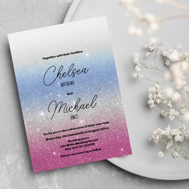 Invitación Boda del purpurina del glam negro azul oscuro (Pink blue silver ombre glam glitter wedding)
