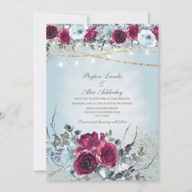 Invitación Boda del Purpurina Floral Azul Dusty de Borgoña (Anverso)