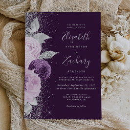 Invitación Boda del Purpurina Floral Deep Purple Silver