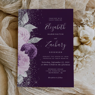 Invitación Boda del Purpurina Floral Deep Purple Silver