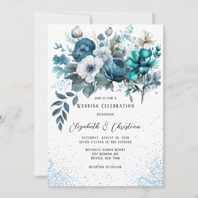 Invitación Boda del Purpurina Peony azul y Verde azulado (Anverso)