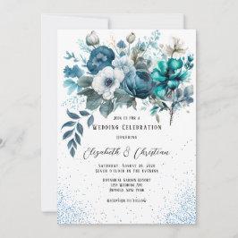 Invitación Boda del Purpurina Peony azul y Verde azulado
