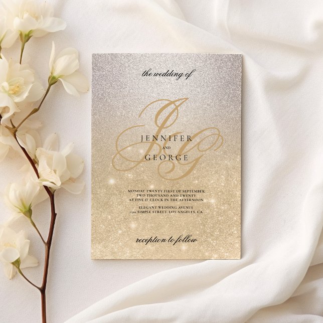 Invitación Boda del purpurina rojo inicial con monograma dora (Silver gold monogram initals ombre glitter wedding)