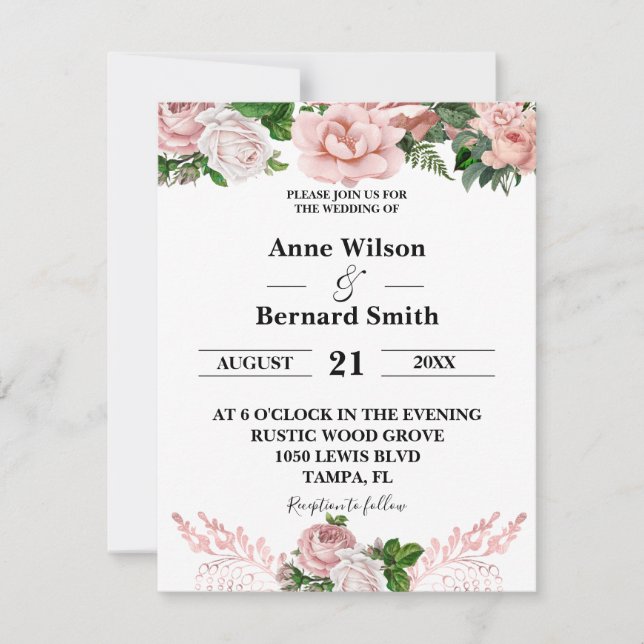 Invitación Boda del Purpurina Rubor Pink Floral Drill (Anverso)