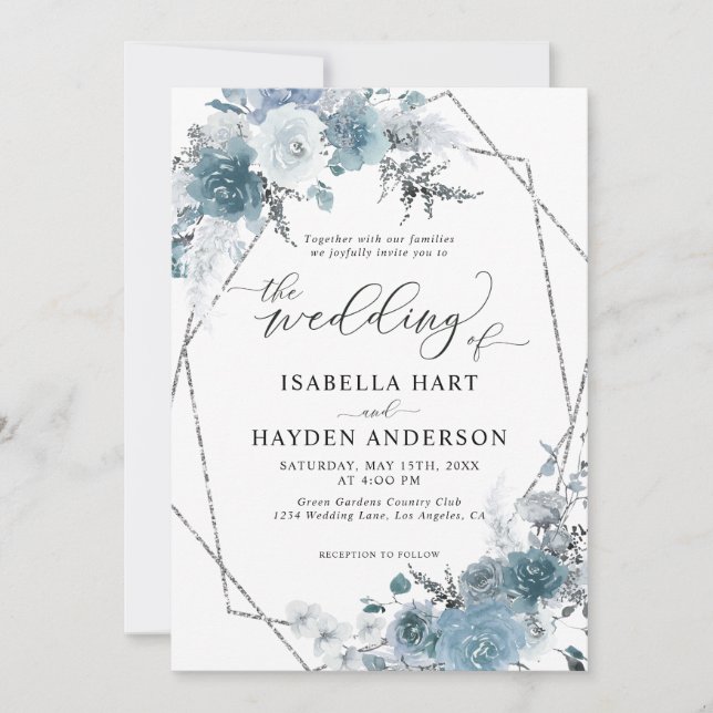 Invitación Boda del Relieve metalizado plateado Boho Dusty Bl (Anverso)