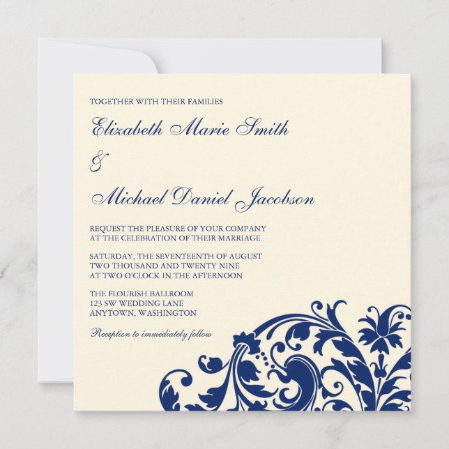 Invitación Boda del remolino del Flourish de los azules (Anverso)
