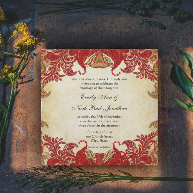 Invitación Boda del Renacimiento Peacock Red and Gold Paisley (Subido por el creador)