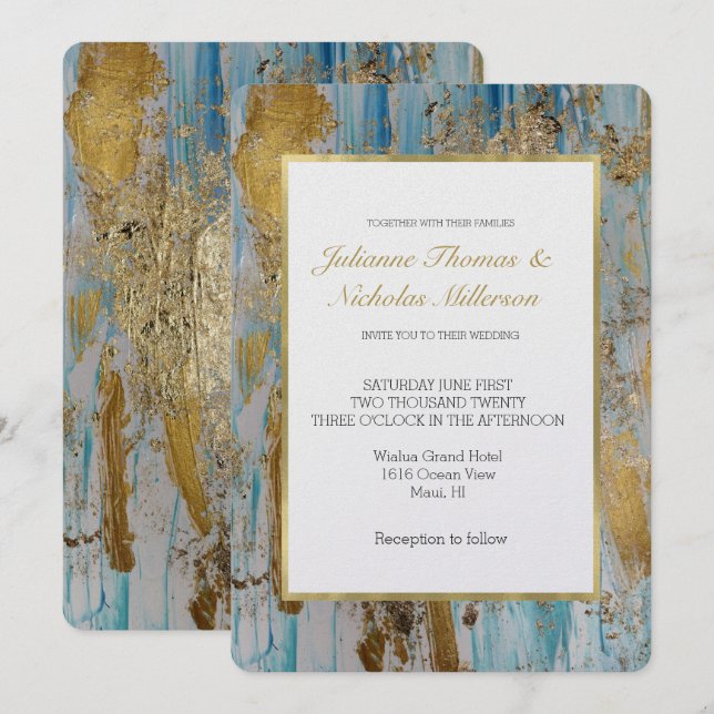 Invitación Boda del Resumen de Oro Azul Aqua (Anverso / Reverso)