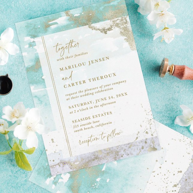 Invitación Boda del resumen de oro del lavanda turquesa moder (Subido por el creador)