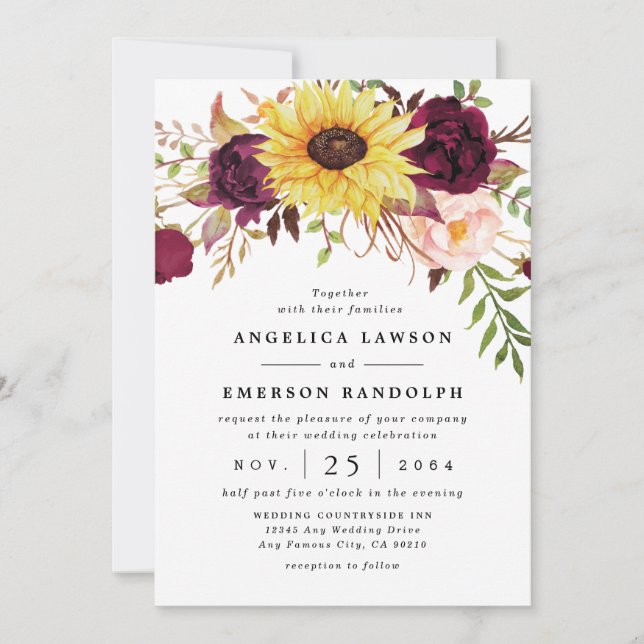 Invitación Boda del Rosa del Sunflower Burgundy Red Rubor Peo (Anverso)