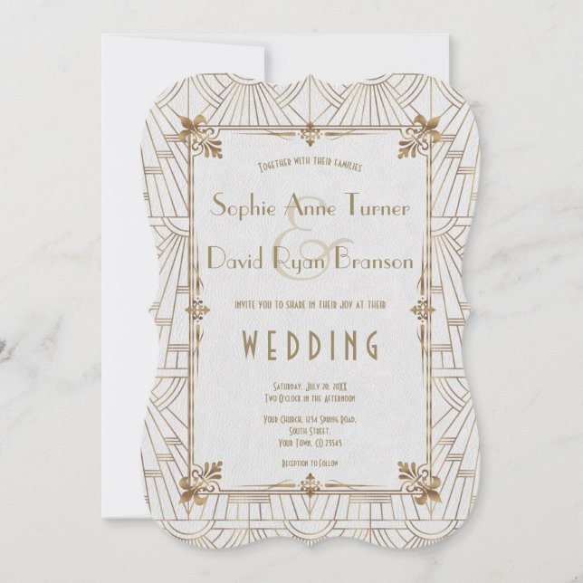 Invitación Boda del Royal Fleur-de-Lis Art Deco Gold White 20 (Anverso)