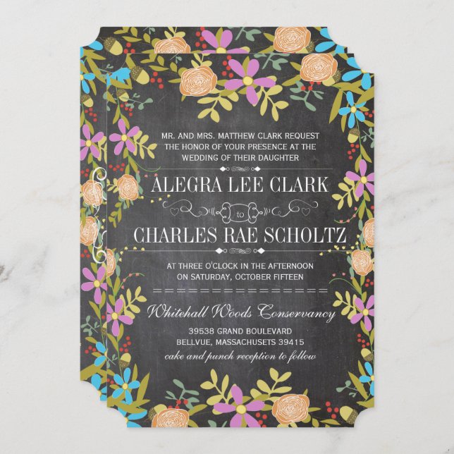 Invitación Boda del Rustic Floral Garland Chalkboard (Anverso / Reverso)