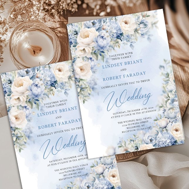 Invitación Boda del sabio de flores azules y blancas polvorie (Winter Watercolor blue and beige roses eucalyptus greenery wedding invitation digital)