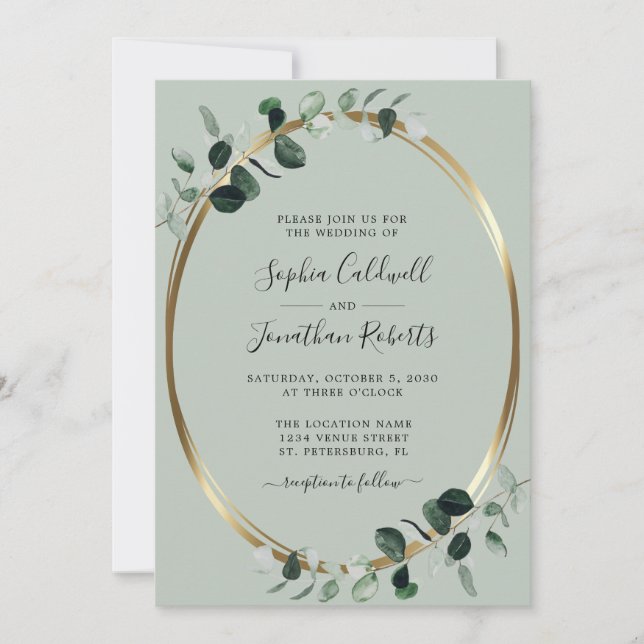 Invitación Boda del sabio metálico de oro de Eucalipto todo e (Anverso)