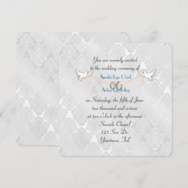 Invitación Boda del simulador de damasco blanco (Anverso / Reverso)