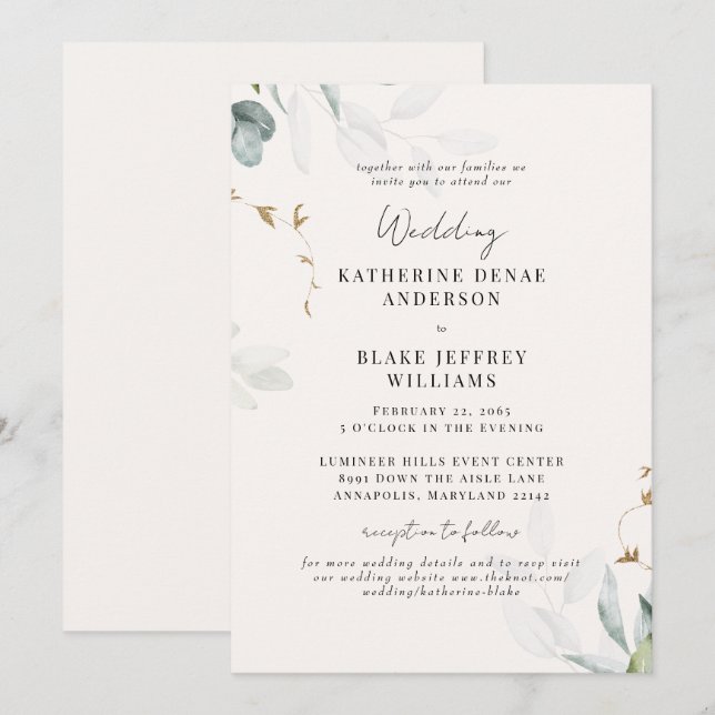 Invitación Boda del sitio web botánico de Champagne ligero ju (Anverso / Reverso)