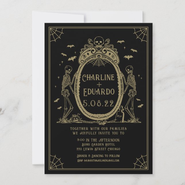 Invitación Boda del Skeleton Oro Gótico Hallowedding (Anverso)