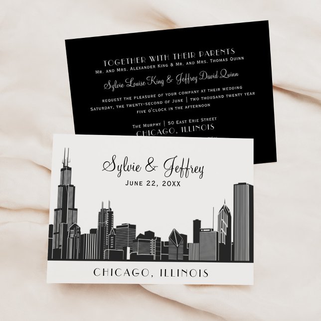Invitación Boda del Skyline de la ciudad de Chicago Negro y B (Subido por el creador)
