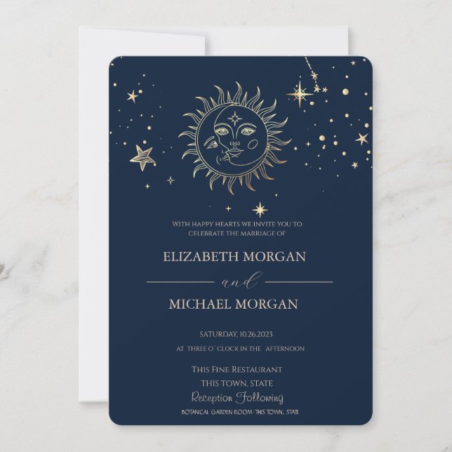 Invitación Boda del sol y la luna de oro celestial  (Anverso)