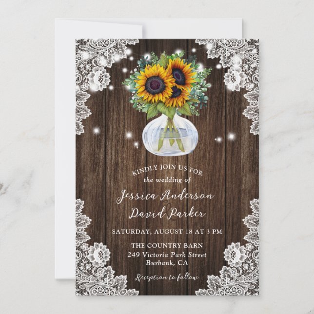 Invitación Boda del Sunflower Wood Floral Lace (Anverso)