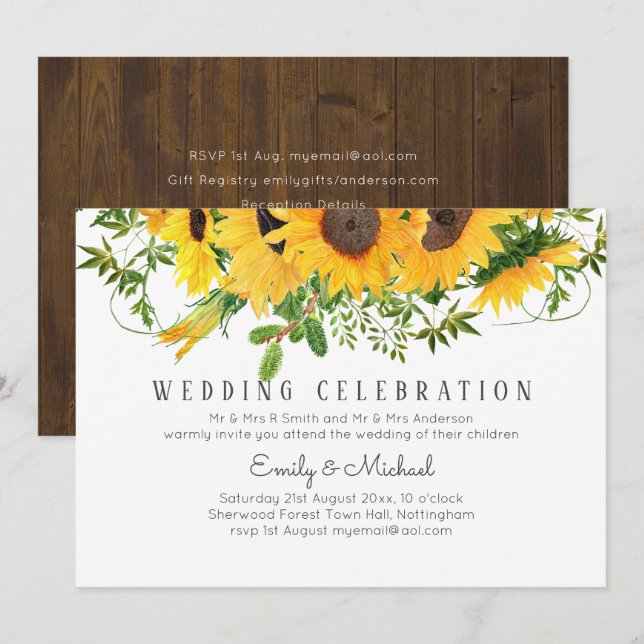 Invitación Boda del Sur Rústico de los girasoles del presupue (Anverso / Reverso)