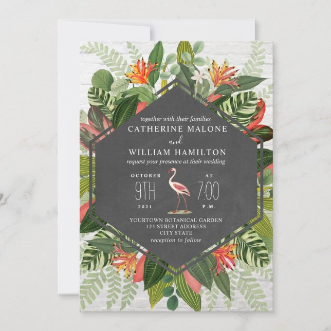 Invitación Boda del tablero de cartón tropical para el flamen (Anverso)